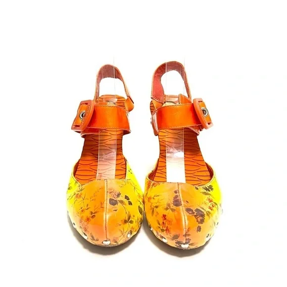 Vintage Y2K orange and yellow floral leather strappy heeled wooden clogs - Picture 2 of 8